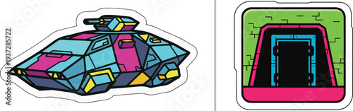 Vibrant vector sticker set featuring a colorful geometric stealth tank with pink and teal panels, alongside a bright pink and green bunker entrance icon.
