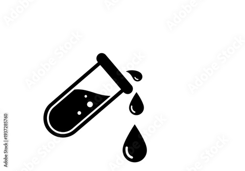 A very stylish black silhouette icon of a test tube with half liquid and three droplets dropping