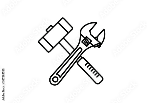 A fine black line icon of a perfect hammer and perfect adjustable wrench crossed over each other