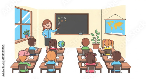 Teacher instructing young students in a bright classroom setting.