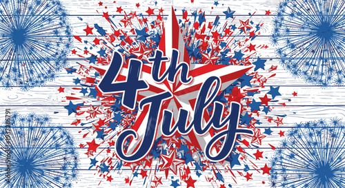 4th of July vector banner with fireworks and stars