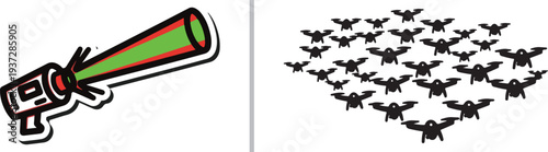 A high-tech vector set featuring a handheld device emitting a green and red laser beam alongside a black silhouette of a large swarm of drones flying in formation.