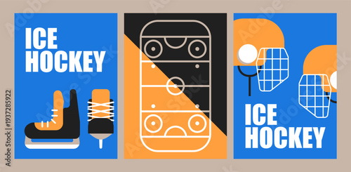 Abstract Ice Hockey Player Kit Illustration: Set of Three Square Panels with Isometric Skates, Protective Grids, and Linear Rink Patterns for Athletic Marketing
