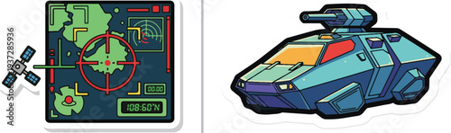 Vector sticker set featuring a digital tactical map with a satellite uplink target lock and a blue futuristic armored personnel carrier with an orange cockpit.