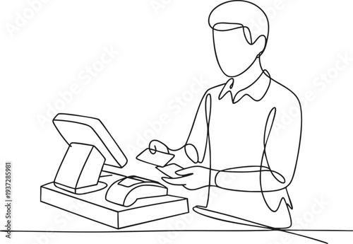 Cashier at counter with money and payment terminal single line drawing
