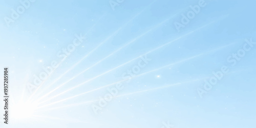 A beautiful abstract blue background features bright sunlight rays piercing through fluffy white clouds in a clear summer sky atmosphere
