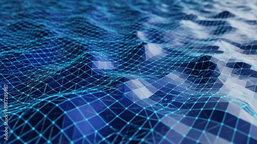 Abstract digital landscape with glowing blue wireframe grid representing data flow and network