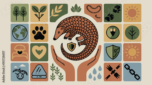 Pangolin Conservation Icons: Wildlife Protection, Nature, Hands Holding Shield, Earth