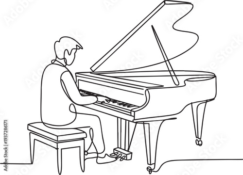 Continuous line drawing of man playing grand piano in concert