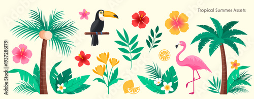 Tropical Summer Elements with Flamingo and Palm Leaves
