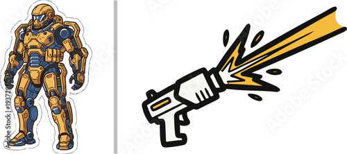 Sci-fi vector sticker set featuring a soldier in golden power armor and a high-tech blaster gun firing a bright energy burst with yellow and black highlights.