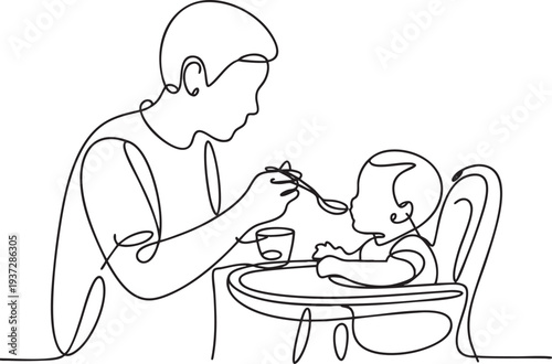 Continuous line drawing of parent feeding baby sitting in high chair with spoon at home