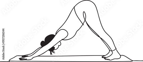 Continuous line drawing of woman doing downward dog yoga pose in fitness studio