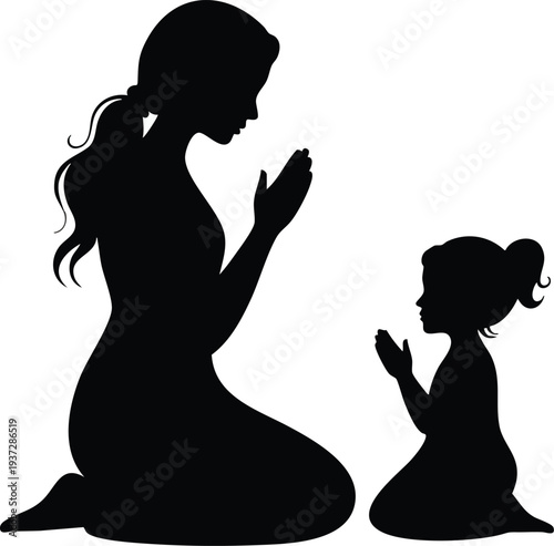 Mother and Child Silhouette in Prayer Pose Vector