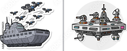 Sci-fi sticker set featuring a grey armored mobile command vehicle deploying a swarm of drones and a floating high-tech fortress platform armed with turrets and radar.