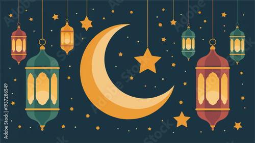 A vibrant Ramadan nightscape featuring a prominent crescent moon, twinkling stars, and colorful hanging lanterns.