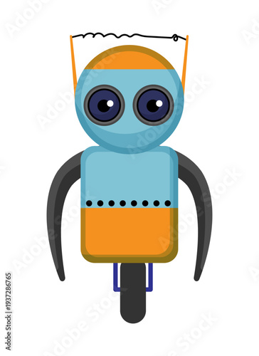 Flat vector illustration of a blue robot with big round eyes and antenna. Cute cartoon robot character isolated on a white background.
