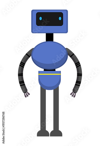 Flat vector illustration of a blue humanoid robot with long mechanical arms and legs. Futuristic cartoon android isolated on a white background.