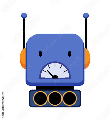 Flat vector illustration of a blue robot with antennas and a gauge indicator on its body. Cute cartoon robot character isolated on a white background.