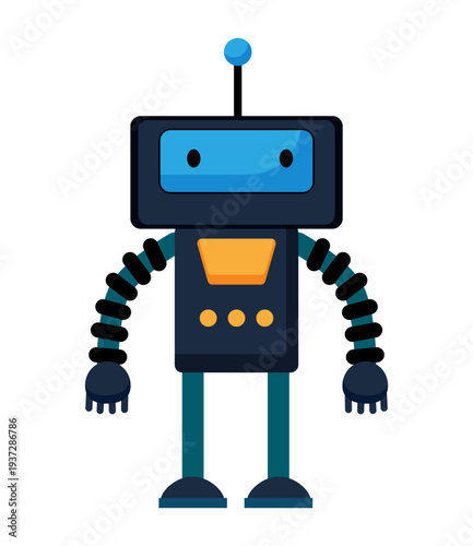 Flat vector illustration of a blue robot with flexible segmented arms and simple mechanical design. Cartoon robot character isolated on a white background.