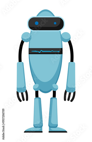Flat vector illustration of a blue robot with large black visor and modern design. Friendly cartoon robot character isolated on a white background.