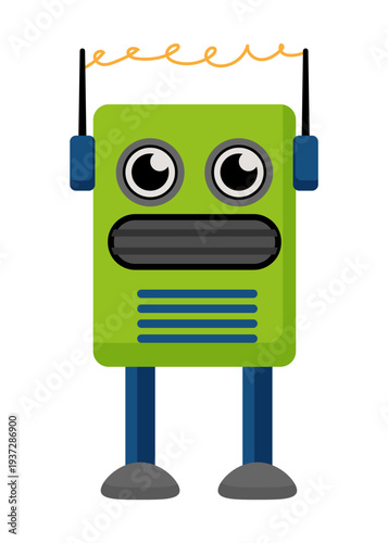 Flat vector illustration of a green cartoon robot with large eyes, antennas and simple legs. Cute robot character isolated on a white background.
