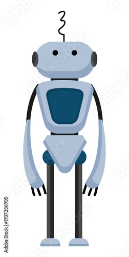 Flat vector illustration of a light blue robot with antenna and simple mechanical body. Friendly cartoon robot isolated on a white background.