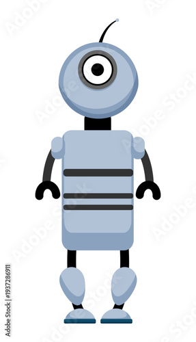 Flat vector illustration of a light blue robot with one big eye and antenna. Cute cartoon robot character isolated on a white background.