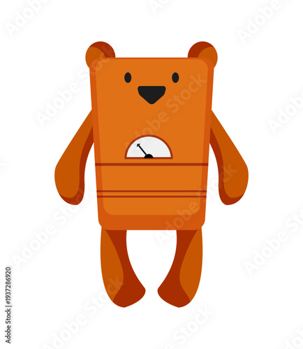 Flat vector illustration of an orange bear shaped robot with simple arms and a gauge indicator on the body. Cartoon robot character isolated on a white background.