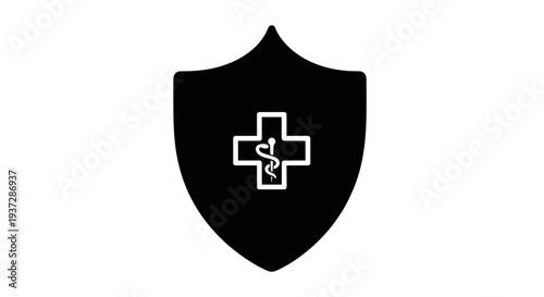 Black Medical Shield Icon with Health Cross and Snake Symbol