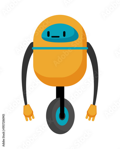 Flat vector illustration of an orange robot with one wheel and simple friendly design. Cartoon robot character isolated on a white background.