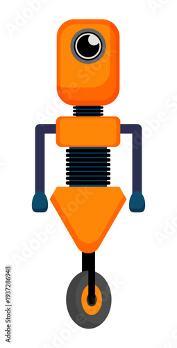 Flat vector illustration of an orange robot with a single large eye and a wheel base. Futuristic cartoon robot character isolated on a white background.