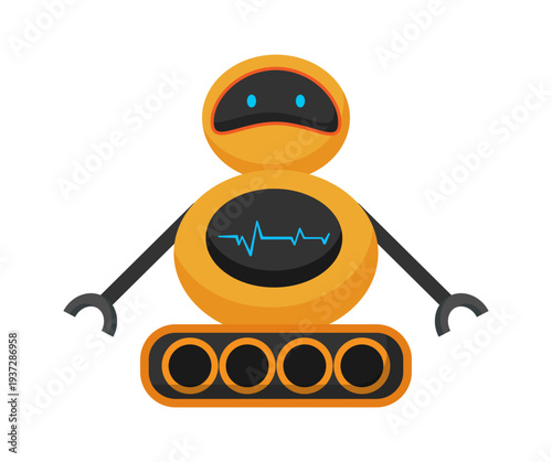Flat vector illustration of an orange robot with a digital heartbeat monitor on its chest and tank tracks instead of legs. Cartoon robot character isolated on a white background.