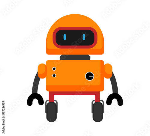 Flat vector illustration of an orange robot with small wheels and simple mechanical body. Cartoon robot character isolated on a white background.