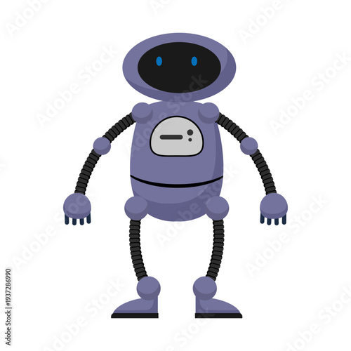 Flat vector illustration of a purple robot with flexible mechanical arms. Friendly cartoon robot character isolated on a white background.