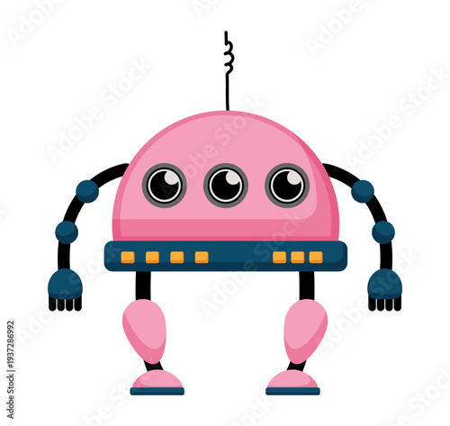 Flat vector illustration of a pink robot with three eyes, antenna and mechanical arms. Cute cartoon robot character isolated on a white background.