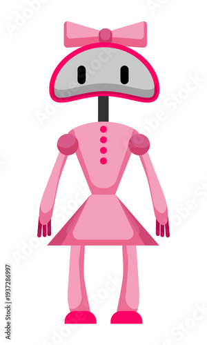Flat vector illustration of a cute pink robot with bow on the head. Friendly cartoon robot character isolated on a white background.