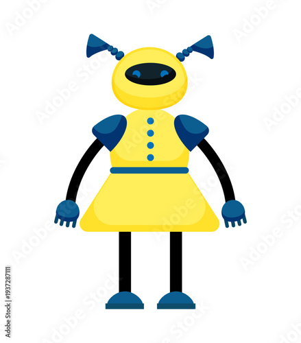 Flat vector illustration of a yellow robot with antennas, buttons and mechanical arms. Cute cartoon robot character isolated on a white background.