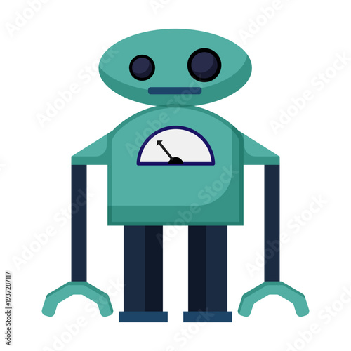 Flat vector illustration of a turquoise robot with a gauge indicator on its chest and long mechanical arms. Cute cartoon robot character isolated on a white background.