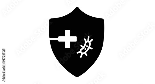 Black Shield with Medical Cross and Germ Icon Symbolizing Protection