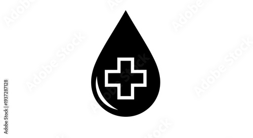 Black Medical Blood Drop Icon with Cross Symbol
