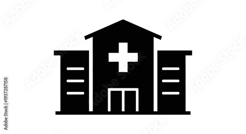 Black Medical Hospital Building Icon with Cross Symbol