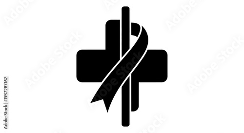 Black Ribbon on Medical Cross Symbol Representing Illness Awareness