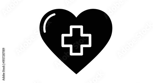 Black Heart with Medical Cross Icon on White Background