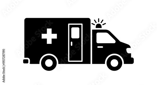 Black Ambulance Icon with Medical Cross and Siren Light