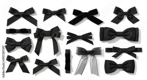 Collection of black satin and velvet ribbons and bows.