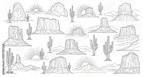 Desert landscape sketch with cacti and mountains.