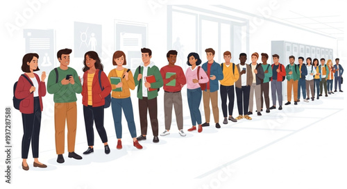 Long Queue of Diverse People Waiting in Line.