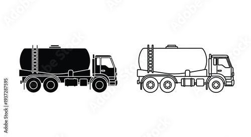 Black and white outline of two fuel tank trucks in different views