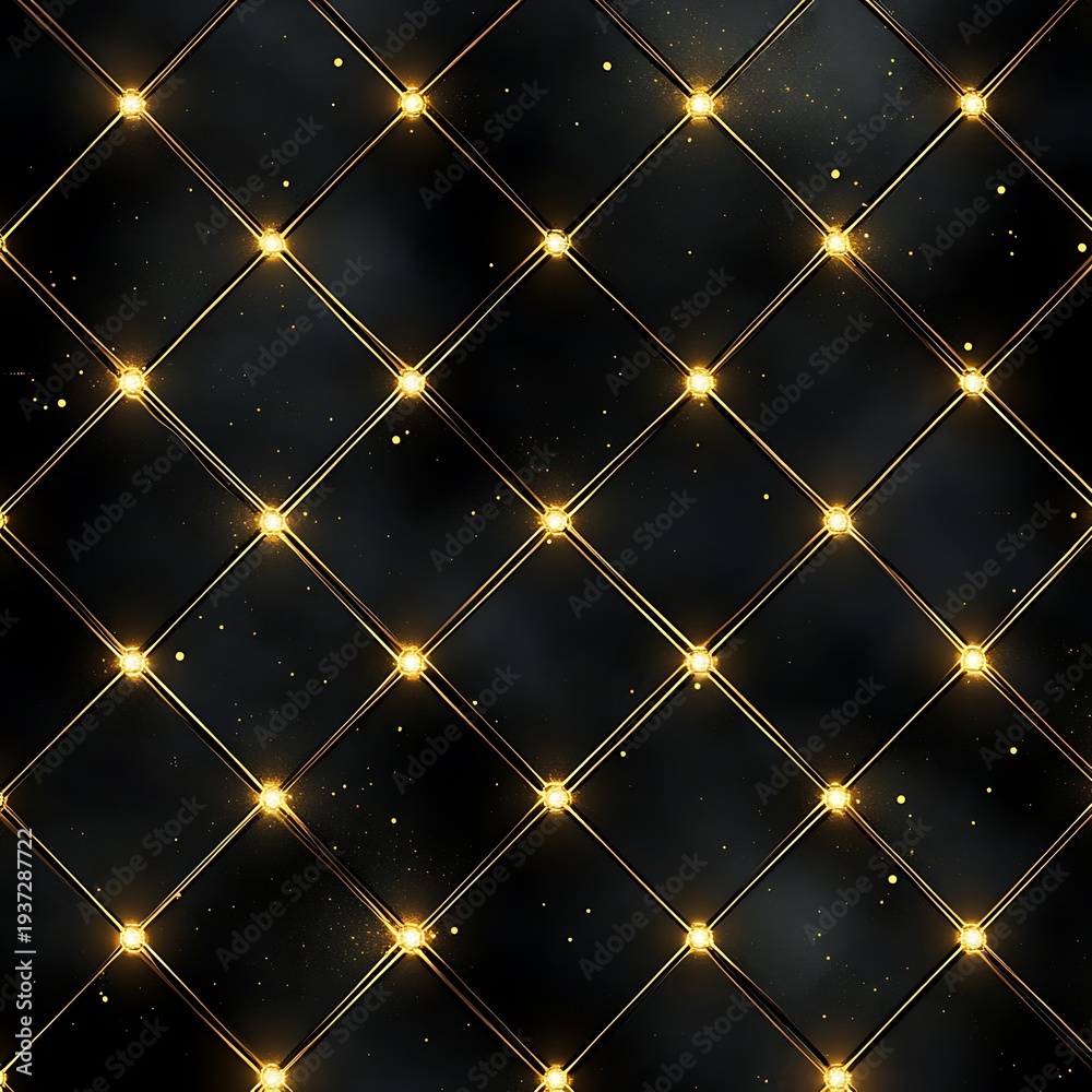 Obraz premium Black and gold luxurious seamless quilted background with glowing golden button studs and sparkle